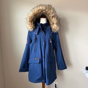 Canada Weather Gear Anorak Jacket Women 1X Blue Hooded Softshell Coat Zip Fur